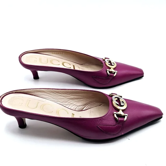 Gucci Zumi leather mules slides kitten heel shoes fuschia 35.5 size 5 - Picture 9 of 12